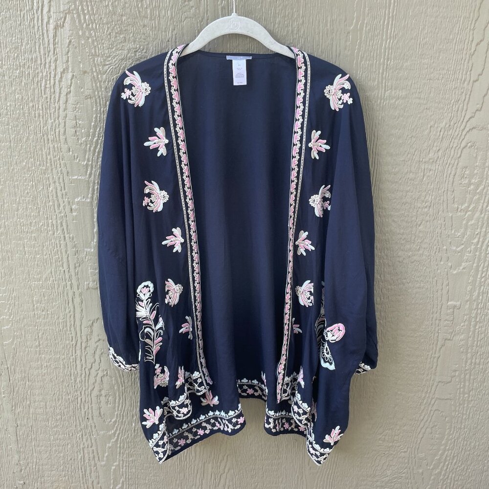 J. Jill Open Front Kimono Size S-L Navy Floral Embroidered 3/4 Sleeve Cardigan